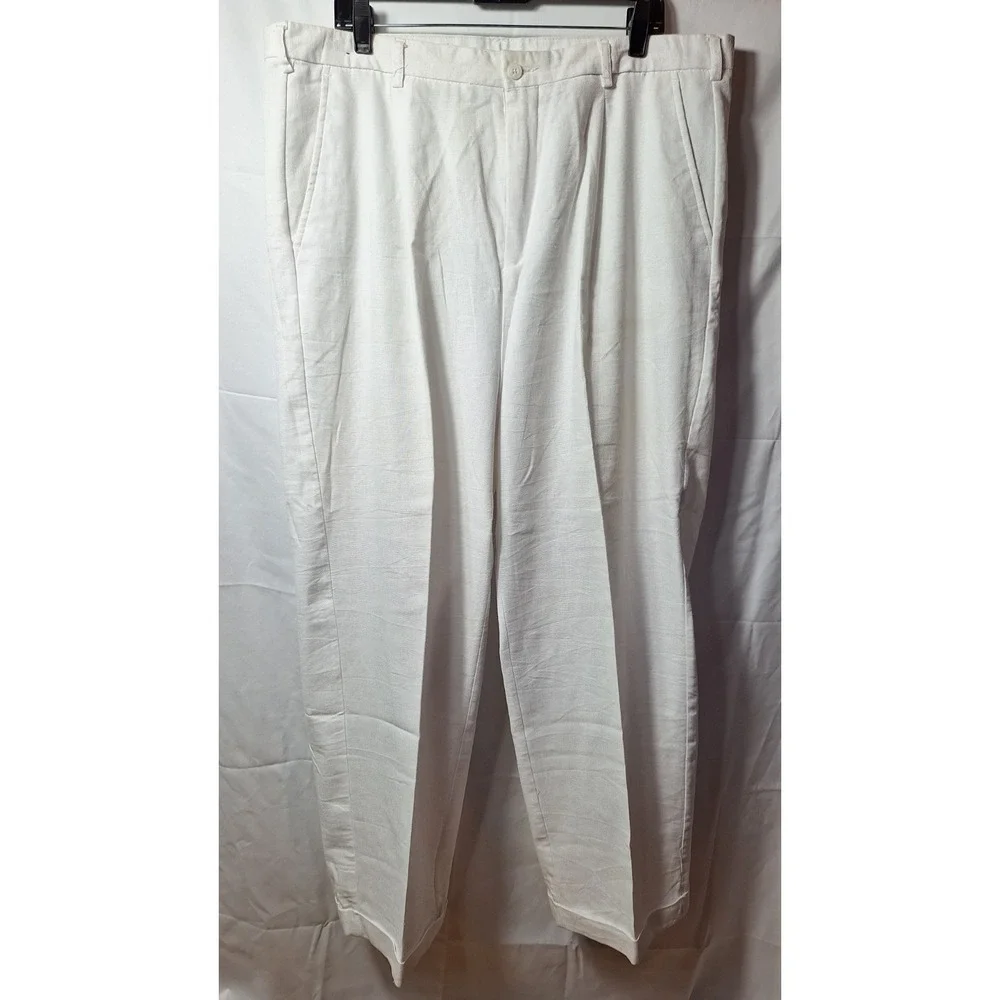 TRUST Linen Blend Pleat Front Cuff Hem Pant Sz 38x30 White Coastal Beach Resort